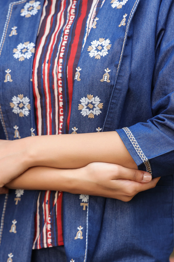 Blue Denim embroidered Jacket with Bottom and Inner Coord Set