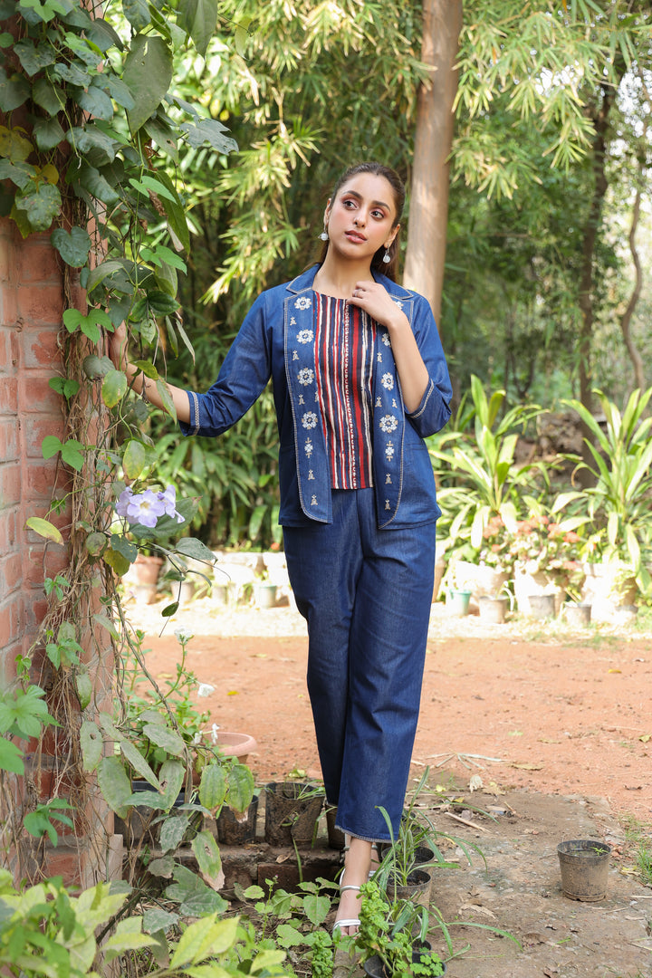 Blue Denim embroidered Jacket with Bottom and Inner Coord Set