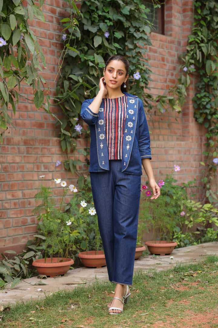 Blue Denim embroidered Jacket with Bottom and Inner Coord Set
