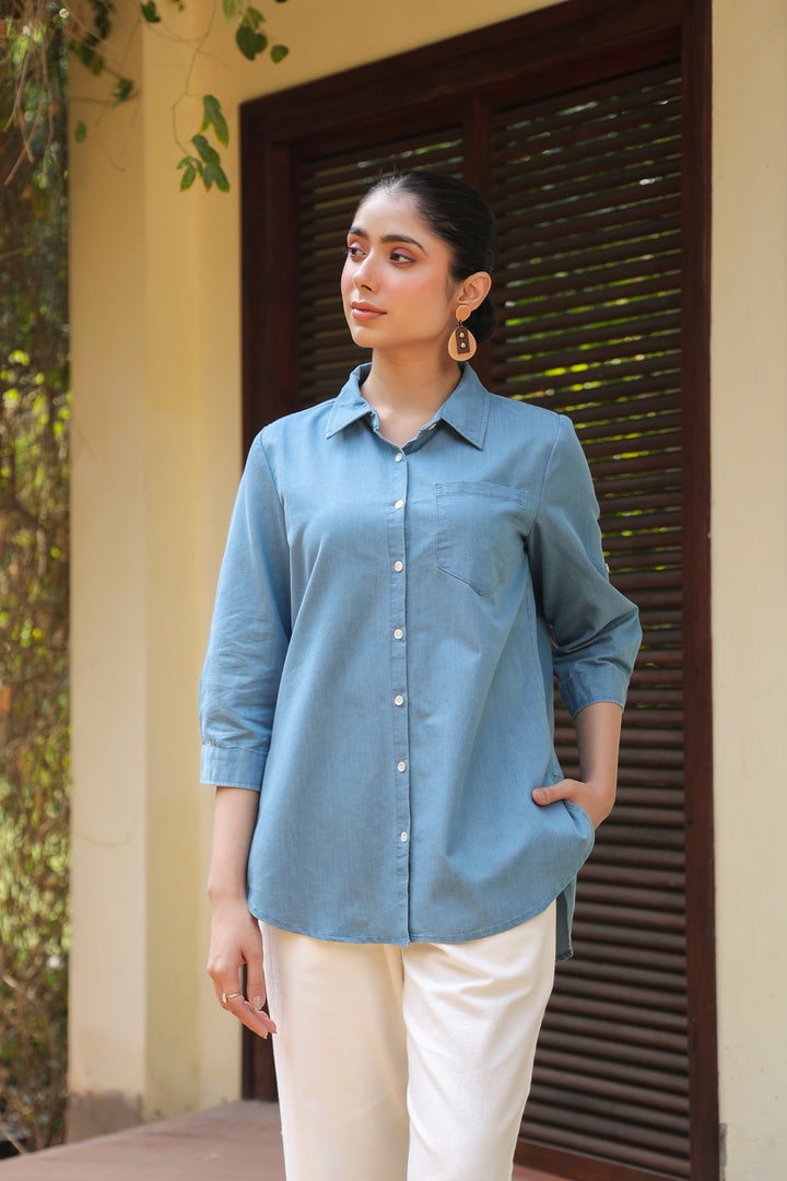 Blue Denim Embroidered Shirt Top