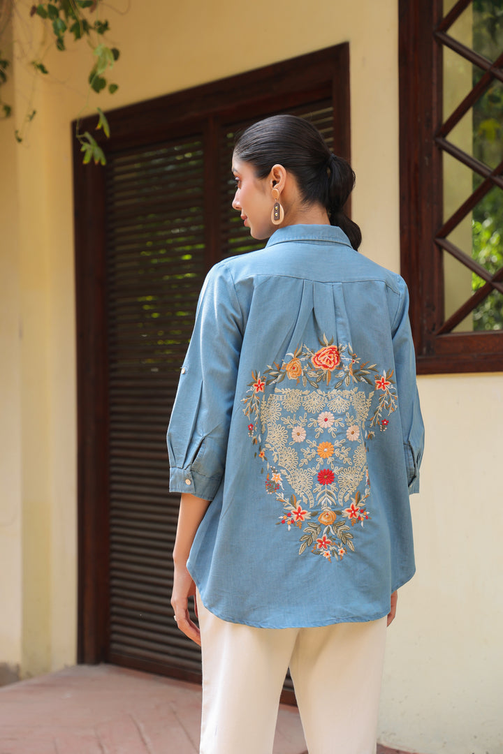 Blue Denim Embroidered Shirt Top
