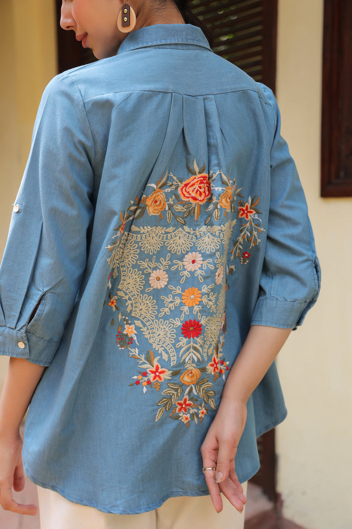 Blue Denim Embroidered Shirt Top