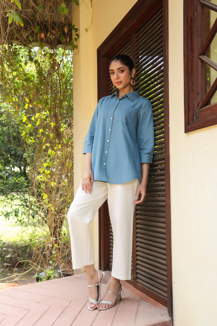 Blue Denim Embroidered Shirt Top