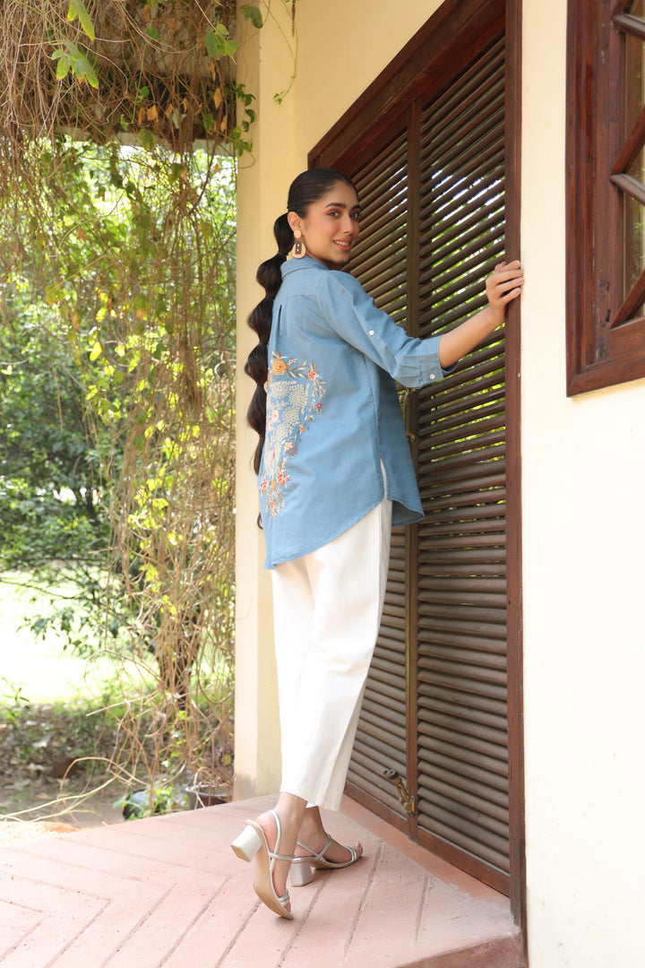 Blue Denim Embroidered Shirt Top