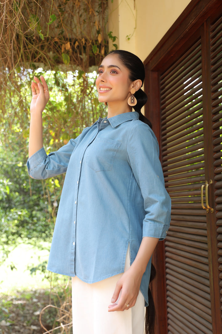 Blue Denim Embroidered Shirt Top