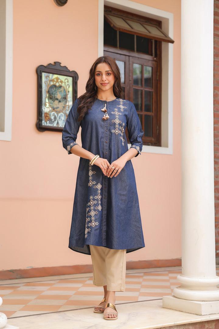 Blue Denim Embroidered Designer A-Line Kurta