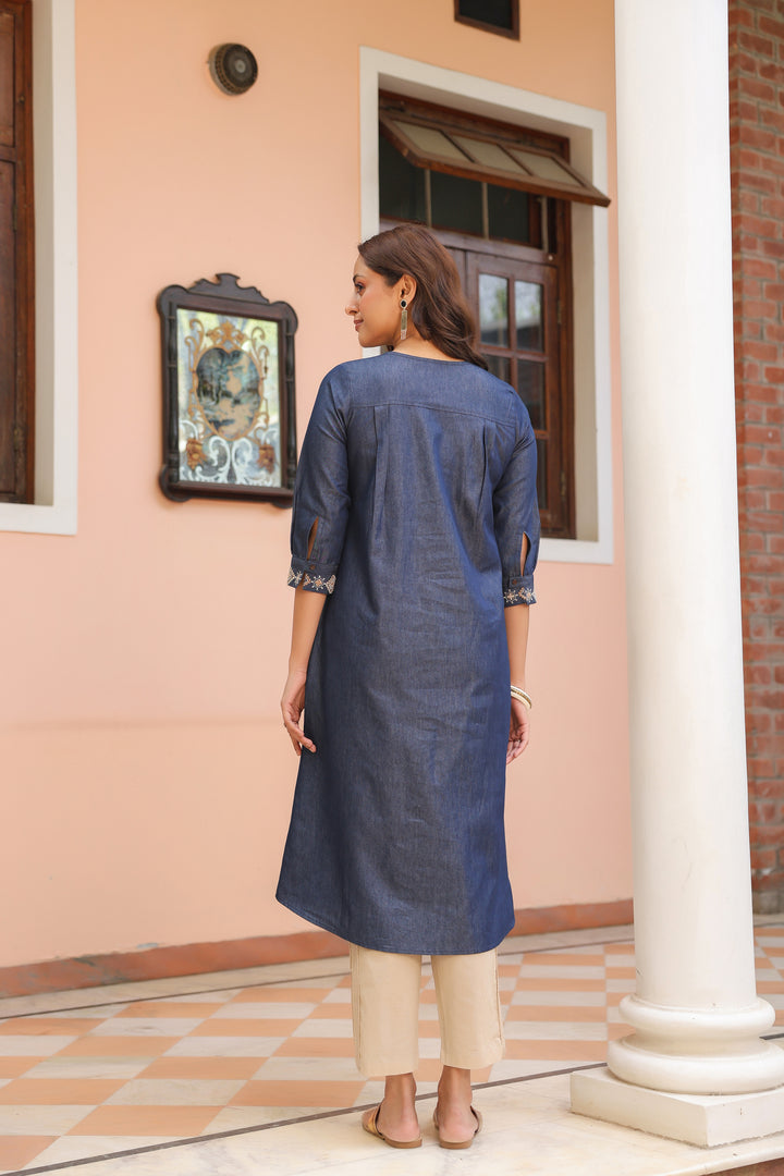 Blue Denim Embroidered Designer A-Line Kurta