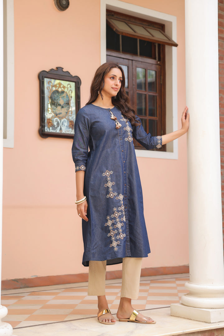 Blue Denim Embroidered Designer A-Line Kurta