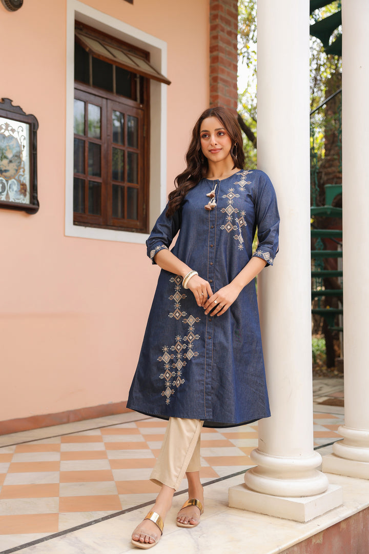 Blue Denim Embroidered Designer A-Line Kurta
