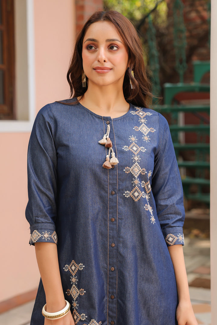 Blue Denim Embroidered Designer A-Line Kurta