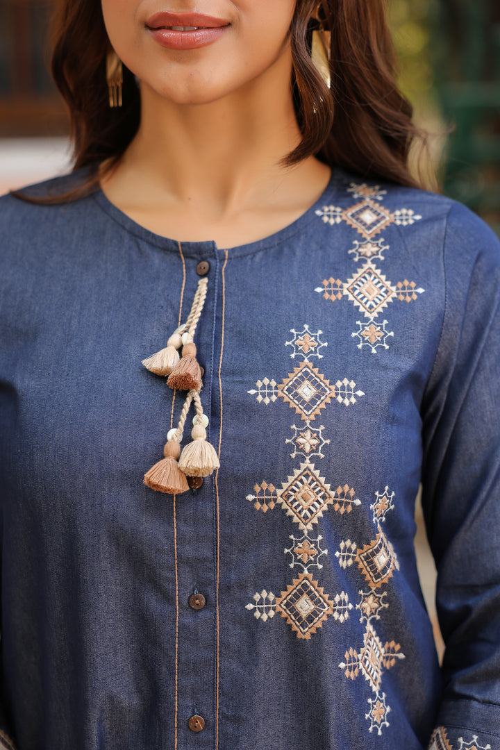 Blue Denim Embroidered Designer A-Line Kurta