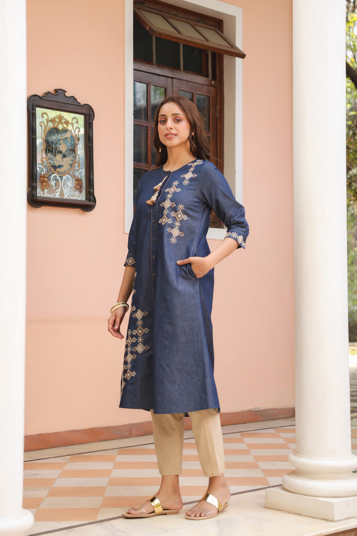 Blue Denim Embroidered Designer A-Line Kurta