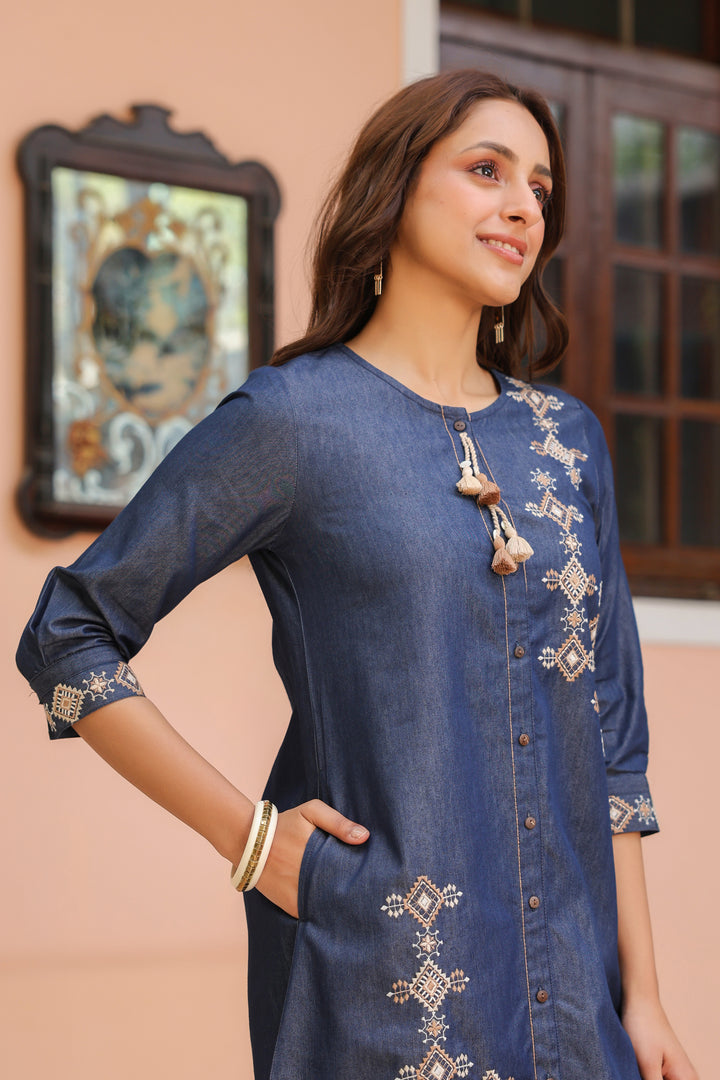 Blue Denim Embroidered Designer A-Line Kurta