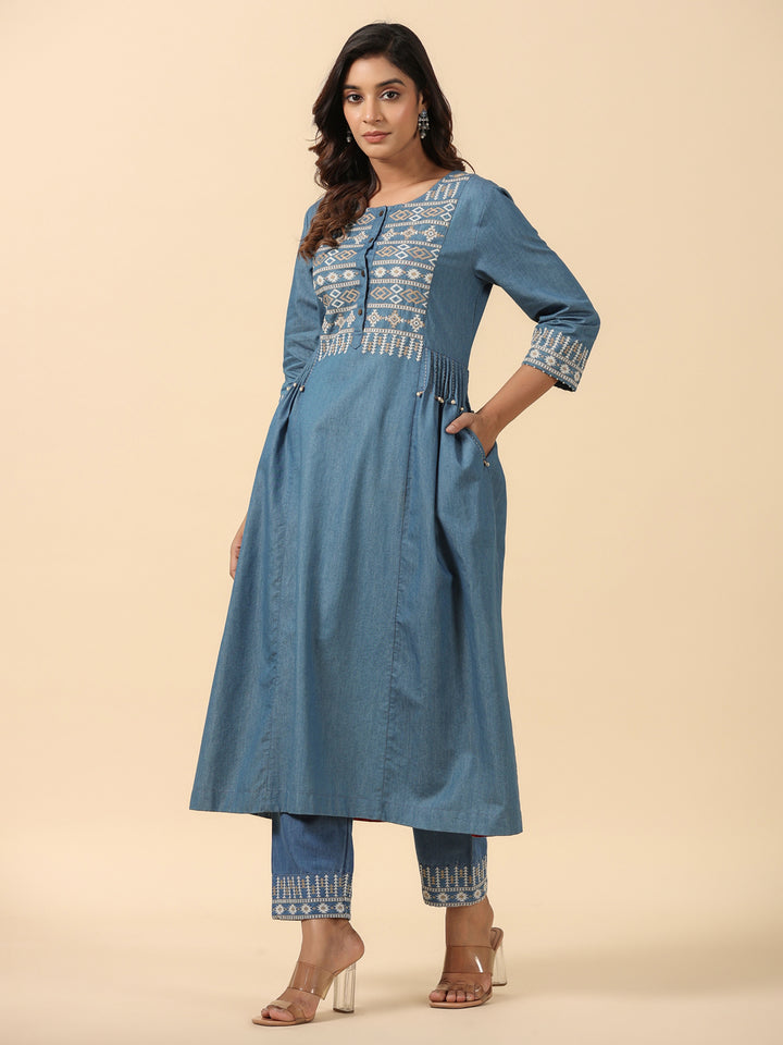 Blue Cotton Blend Embroidered Work Embroidery A-Line Kurta Pant