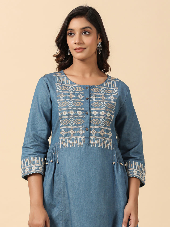 Blue Cotton Blend Embroidered Work Embroidery A-Line Kurta Pant