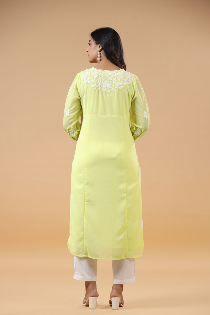 Yellow Georgette Embroidered Detailed Straight Kurta
