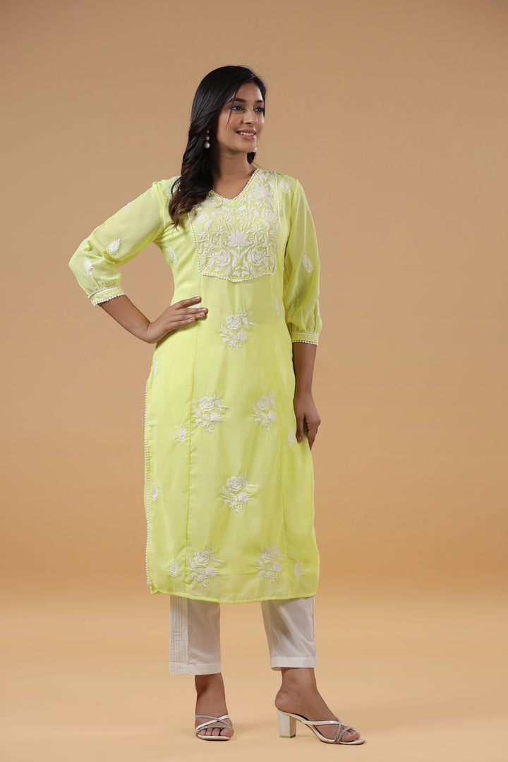 Yellow Georgette Embroidered Detailed Straight Kurta