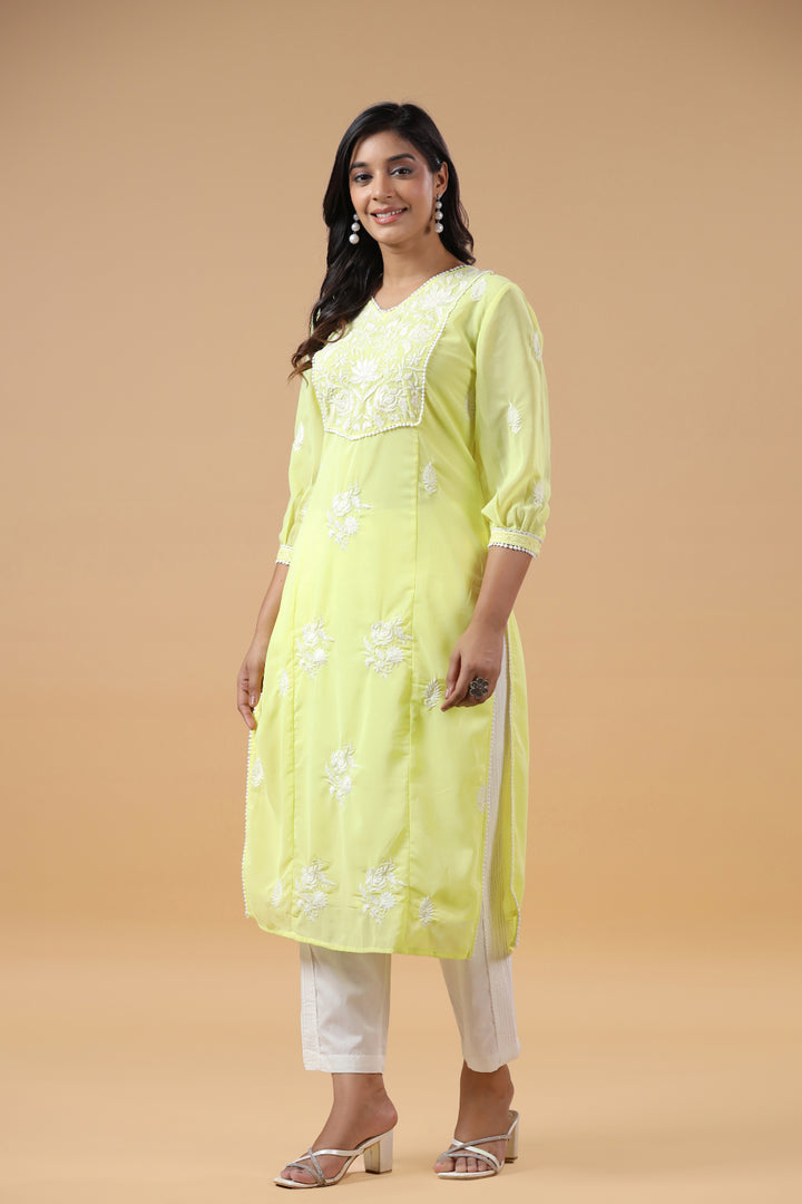 Yellow Georgette Embroidered Detailed Straight Kurta