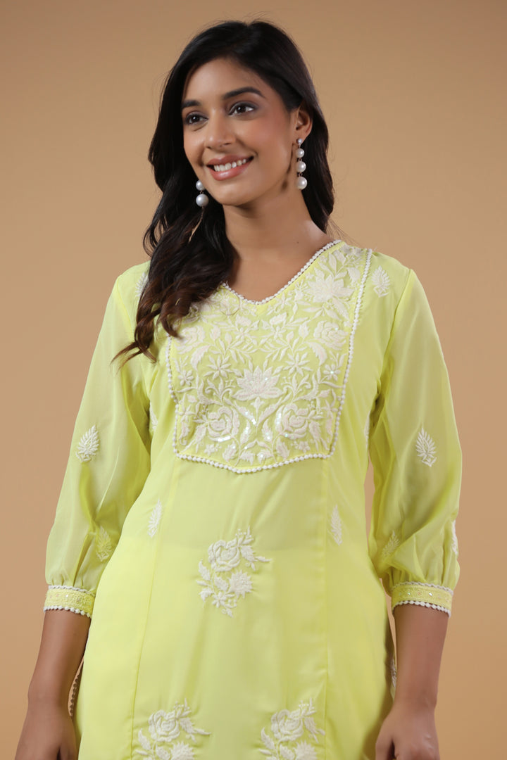 Yellow Georgette Embroidered Detailed Straight Kurta