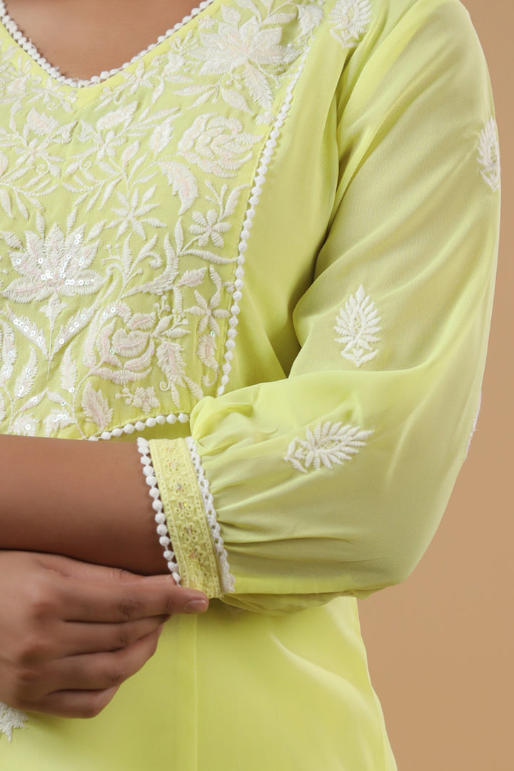 Yellow Georgette Embroidered Detailed Straight Kurta