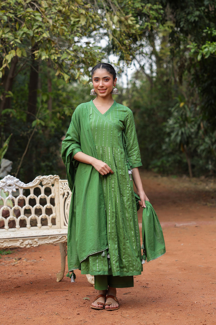 Green Cotton Lurex Angrakha With pant and Dupatta