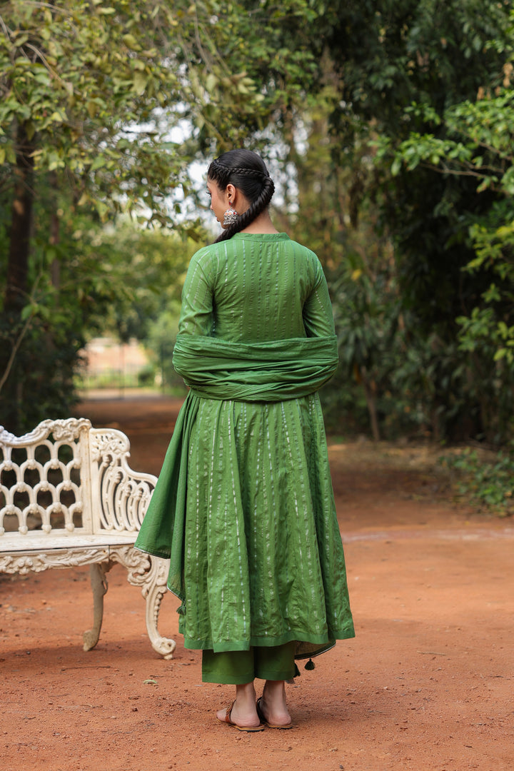 Green Cotton Lurex Angrakha With pant and Dupatta