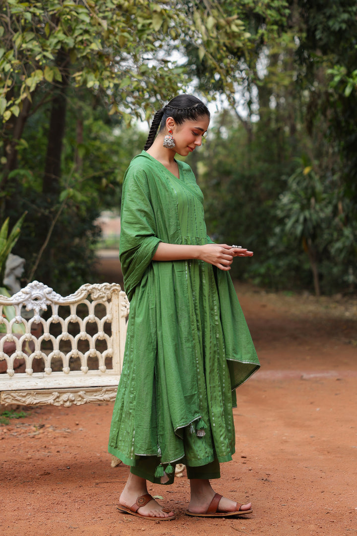 Green Cotton Lurex Angrakha With pant and Dupatta