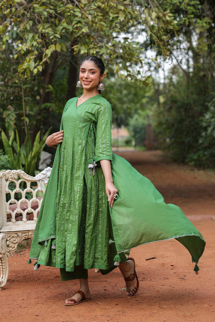 Green Cotton Lurex Angrakha With pant and Dupatta