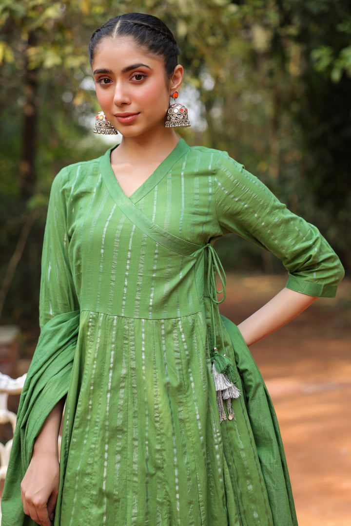 Green Cotton Lurex Angrakha With pant and Dupatta