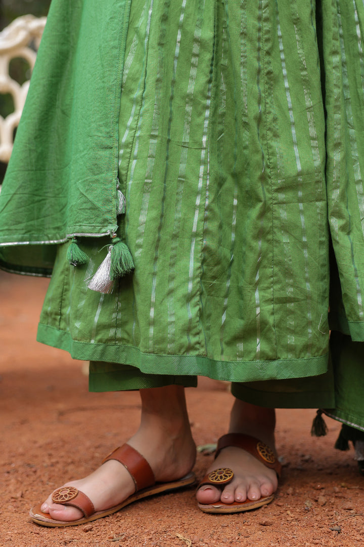 Green Cotton Lurex Angrakha With pant and Dupatta
