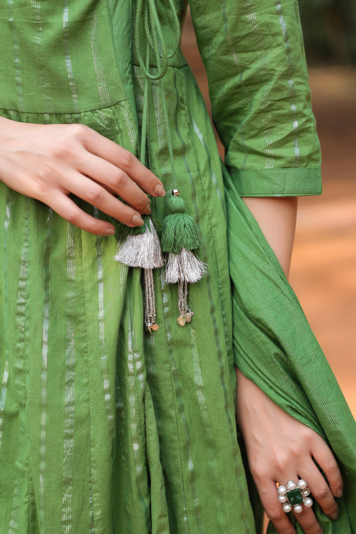 Green Cotton Lurex Angrakha With pant and Dupatta