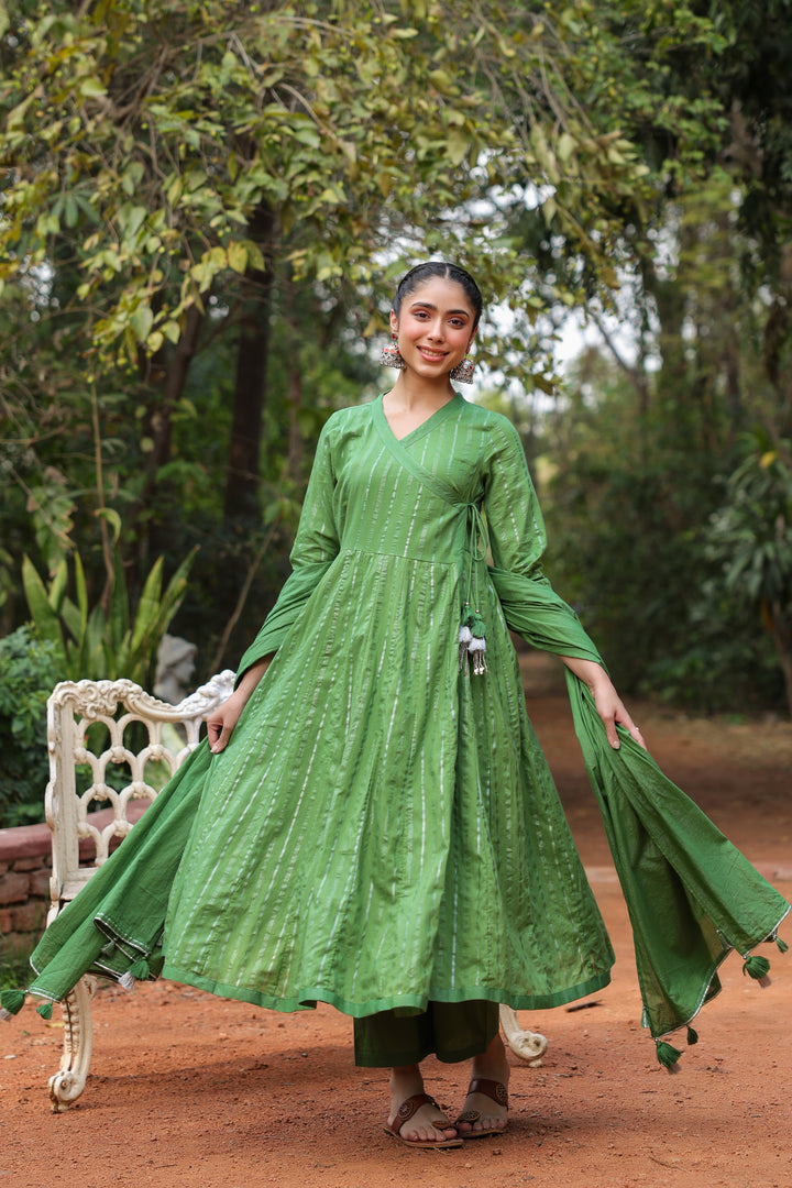 Green Cotton Lurex Angrakha With pant and Dupatta