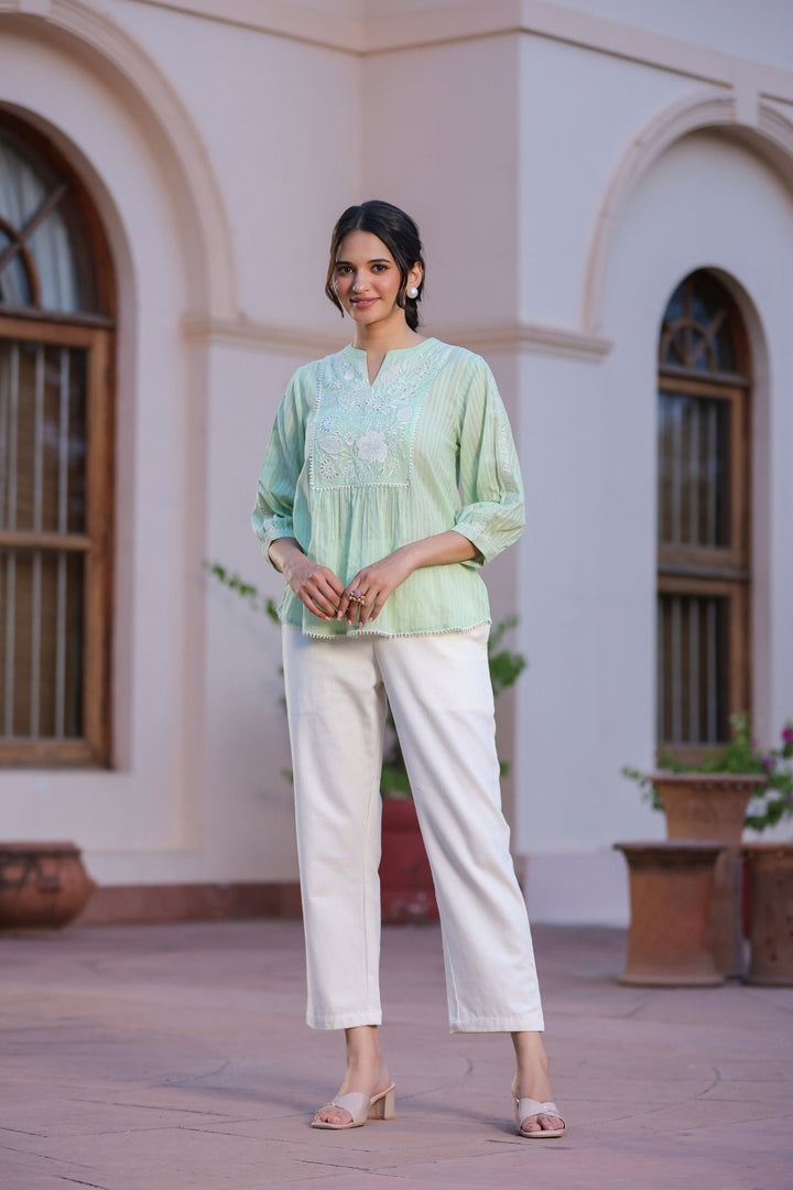 Green Cotton Dobby Applique Top