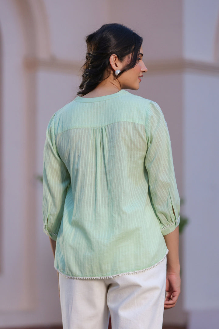 Green Cotton Dobby Applique Top