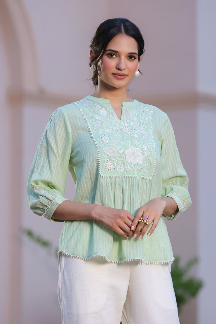 Green Cotton Dobby Applique Top