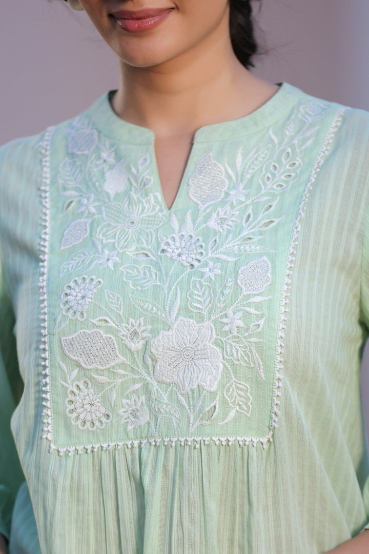 Green Cotton Dobby Applique Top