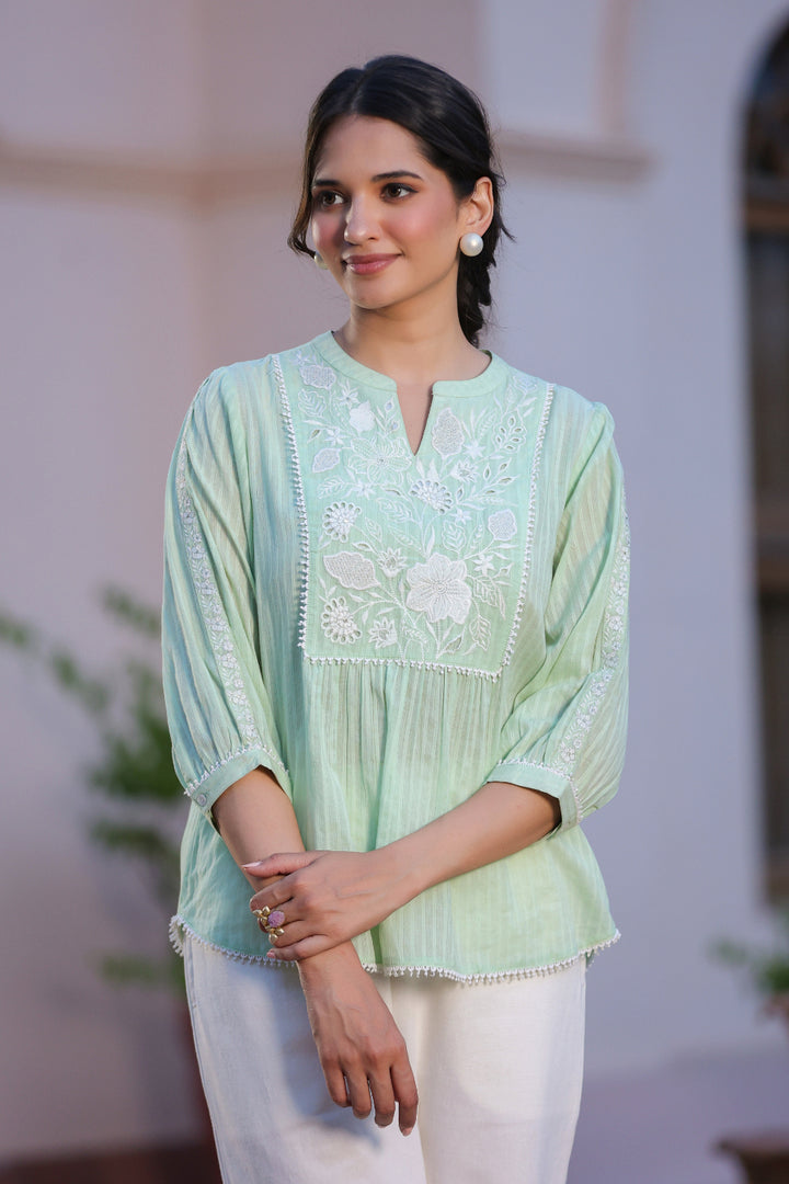 Green Cotton Dobby Applique Top