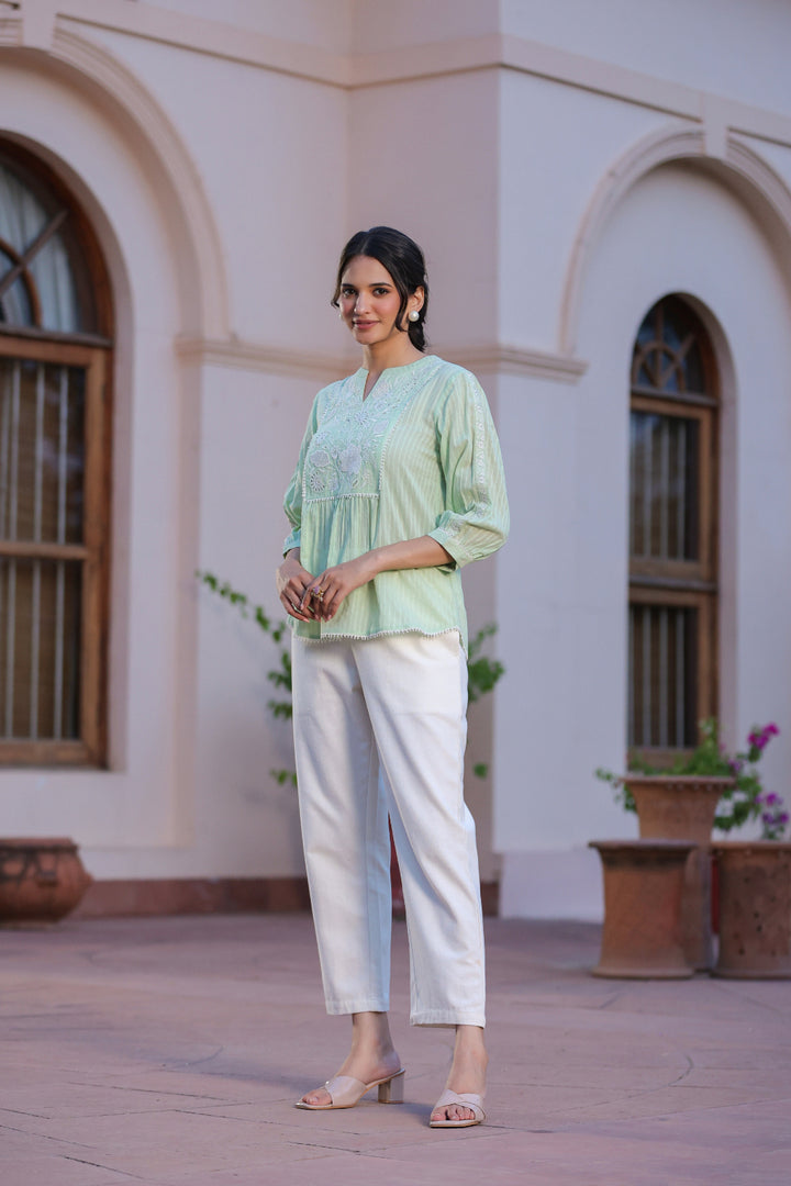 Green Cotton Dobby Applique Top