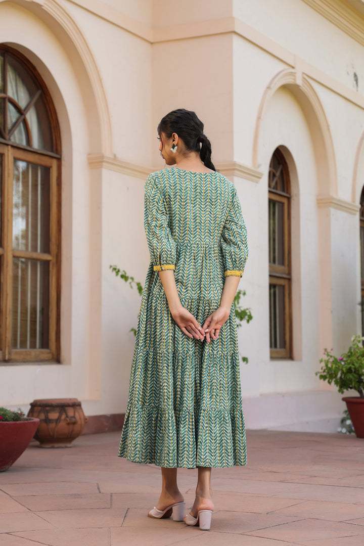 Green Pure Cotton Tribal Print Lace Work Tiered/Flared Designer Dress