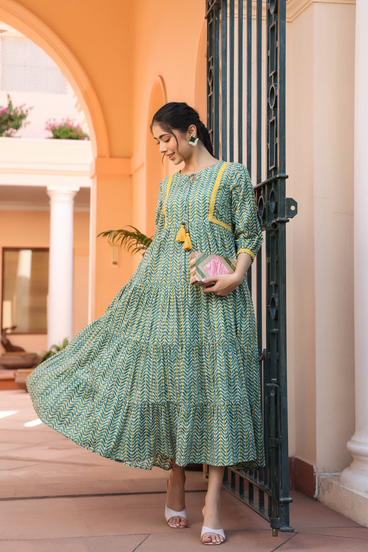 Green Pure Cotton Tribal Print Lace Work Tiered/Flared Designer Dress