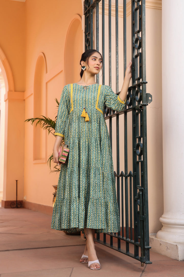 Green Pure Cotton Tribal Print Lace Work Tiered/Flared Designer Dress