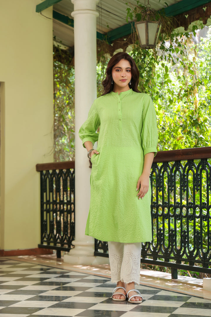 Green Cotton Detailed Straight Kurta