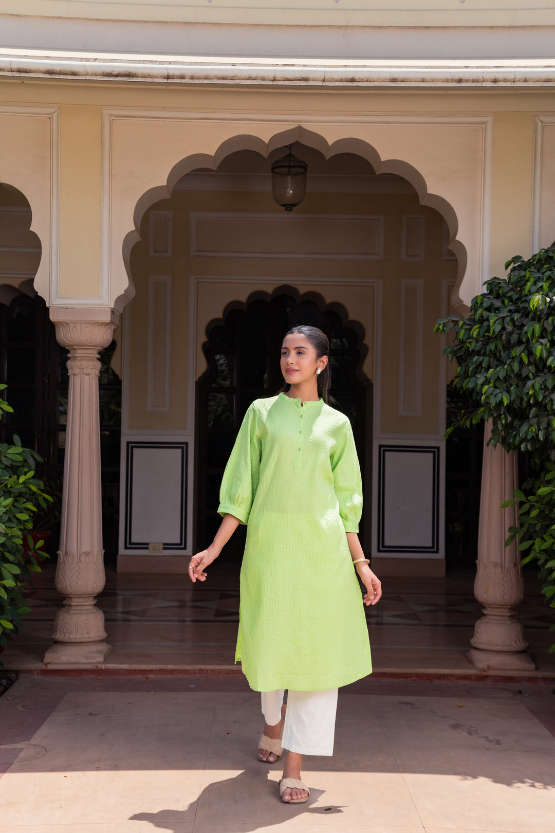 Green Cotton Detailed Straight Kurta