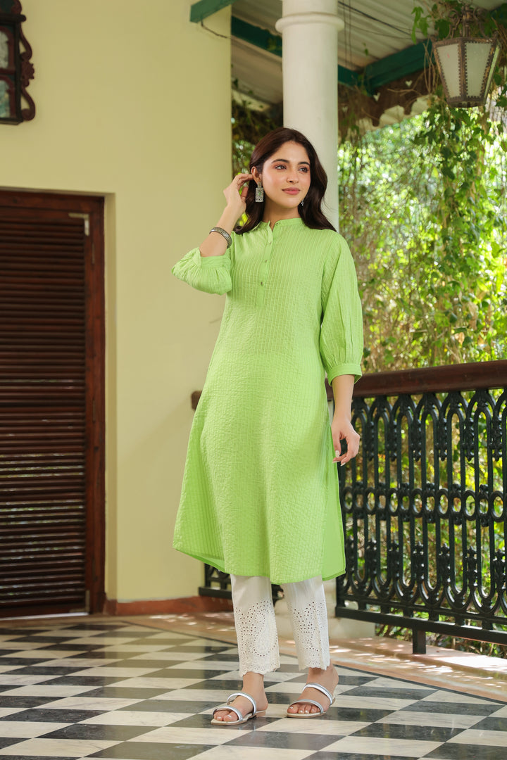 Green Cotton Detailed Straight Kurta