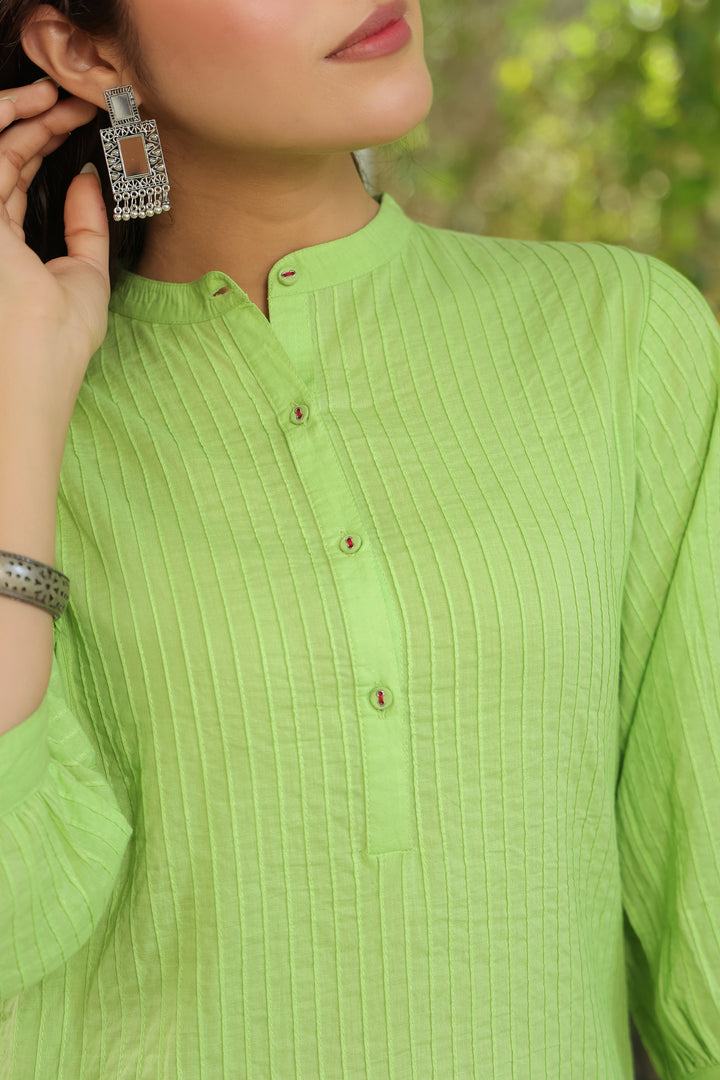 Green Cotton Detailed Straight Kurta
