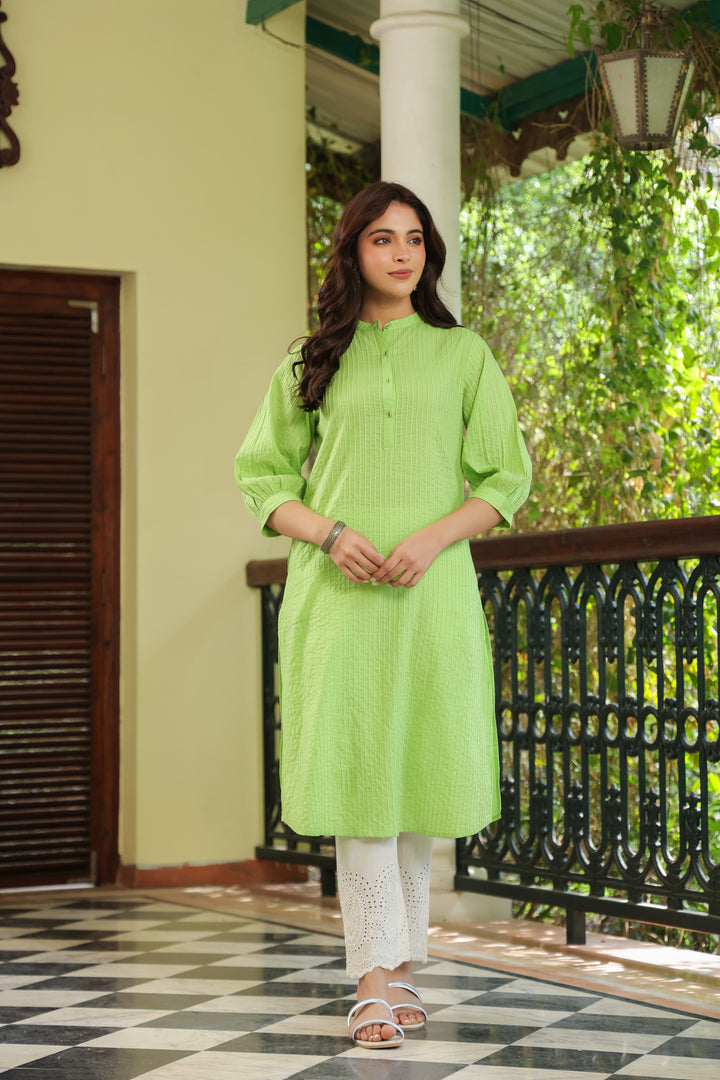 Green Cotton Detailed Straight Kurta