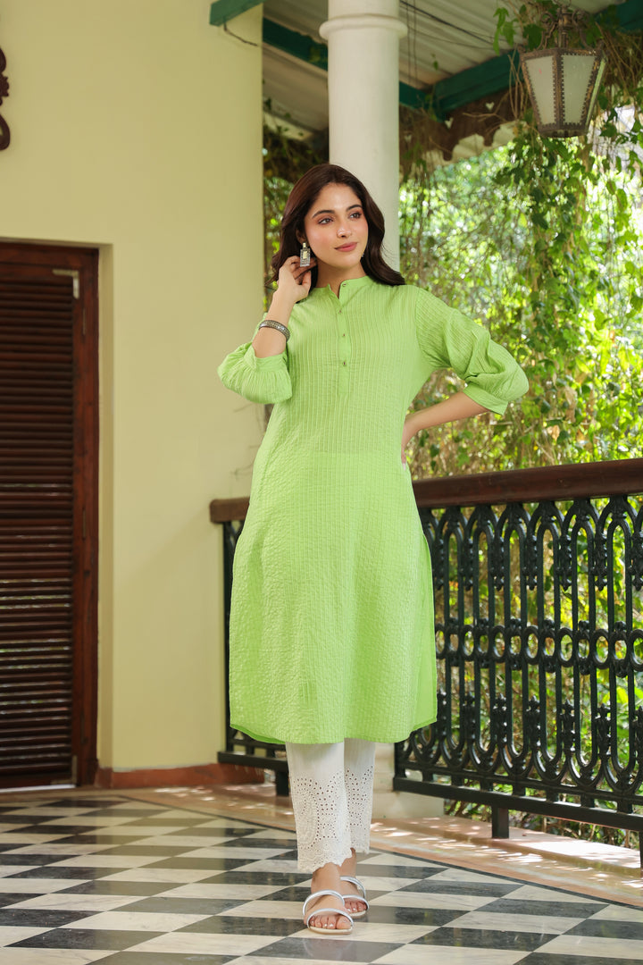 Green Cotton Detailed Straight Kurta