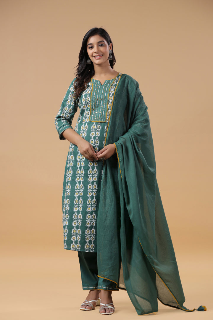 Teal Green Cotton Printed Embellished Kurta Pant Set With Dupatta