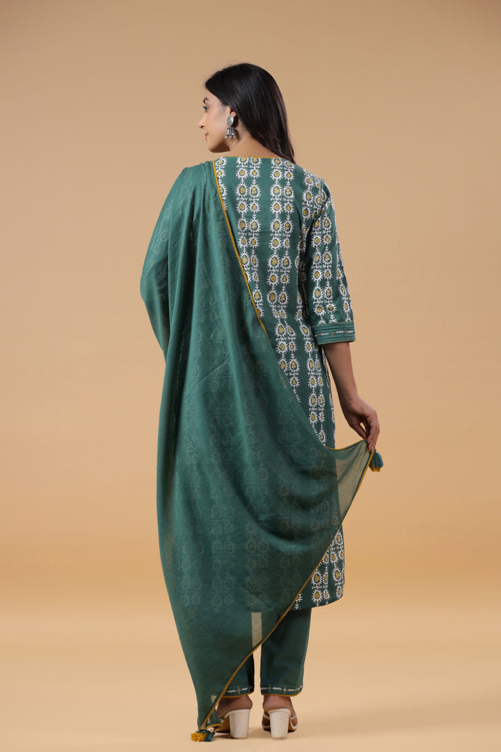 Teal Green Cotton Printed Embellished Kurta Pant Set With Dupatta