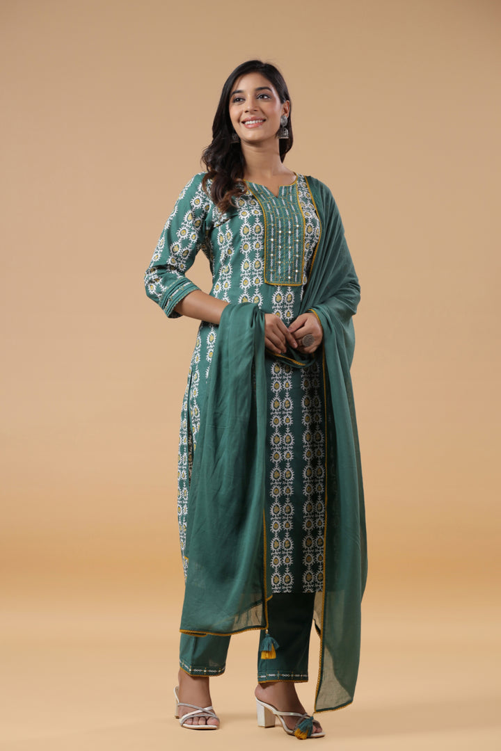 Teal Green Cotton Printed Embellished Kurta Pant Set With Dupatta